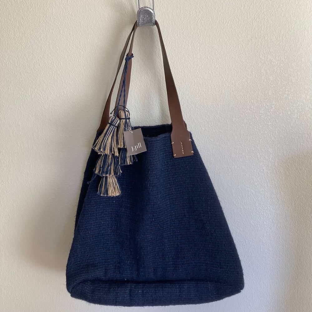 NWT J Jill Shoulder Tote Bag Navy Blue Jute Blend Leather Straps Tassels Beach